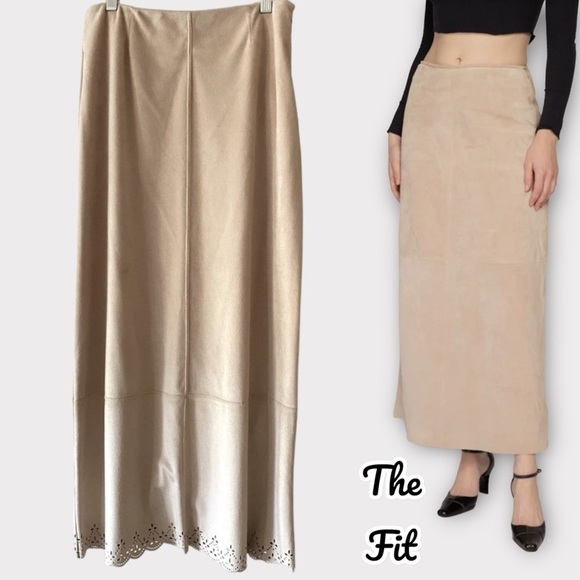 Liz Claiborne Suede High Waist Column Plisse Midi Tan Cutout Hemline Size… - Picture 1 of 12